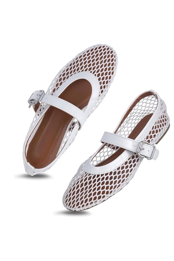 Mesh Shoes for Women Breathable Ballet Flats with Buckle Fashion Fishnet Flats for Women Casual Work Fashion Flats