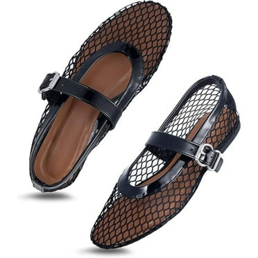 CHICVOMEY Mesh Mary Jane Shoes for Women Breathable Ballet Flats with Buckle Fashion Fishnet Flats for Women Casual & Work Fashion Flats
