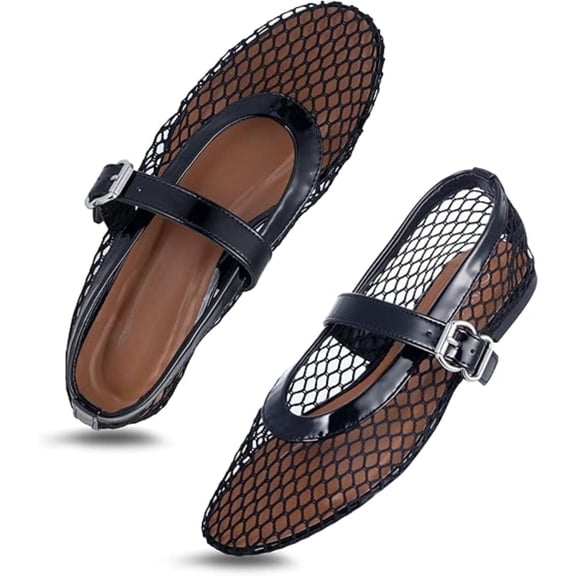 CHICVOMEY Mesh Shoes for Women Breathable Ballet Flats with Buckle Fashion Fishnet Flats for Women Casual Work Fashion Flats