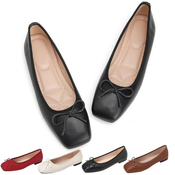 CHICVOMEY Vintage Bow Mary Jane Flats for Women Square Toe Comfort Ballet Flats with Memory Foam Insole Casual Dress Ballet Flats
