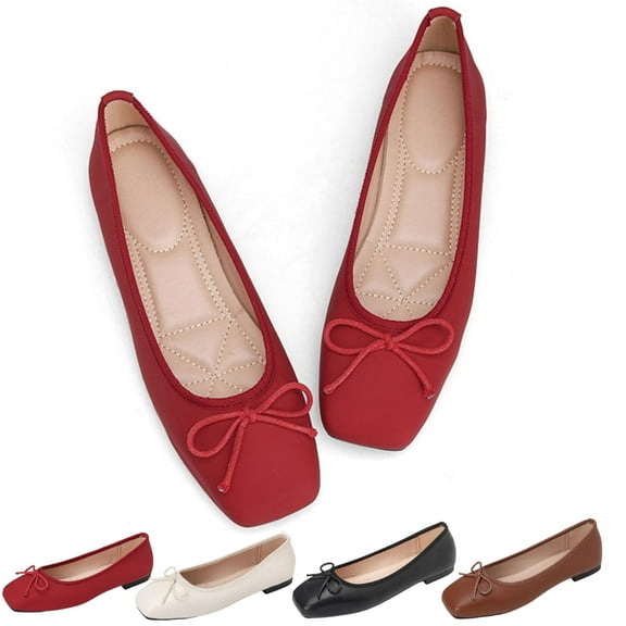 CHICVOMEY Vintage Bow Mary Jane Flats for Women Square Toe Comfort Ballet Flats with Memory Foam Insole Casual Dress Ballet Flats