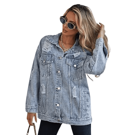 PPCHVOY Women's Boyfriend Jean Jacket Vintage Ripped Oversized Jackets for Women Comfort Loose Fit Coat S-2XL