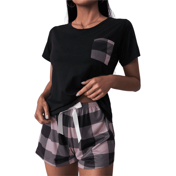 PPCHVOY Women's Checkered Pajamas Set Milk Silk Summer Sleepwear Soft Shorts&Tee Loungewear for Women S-XL