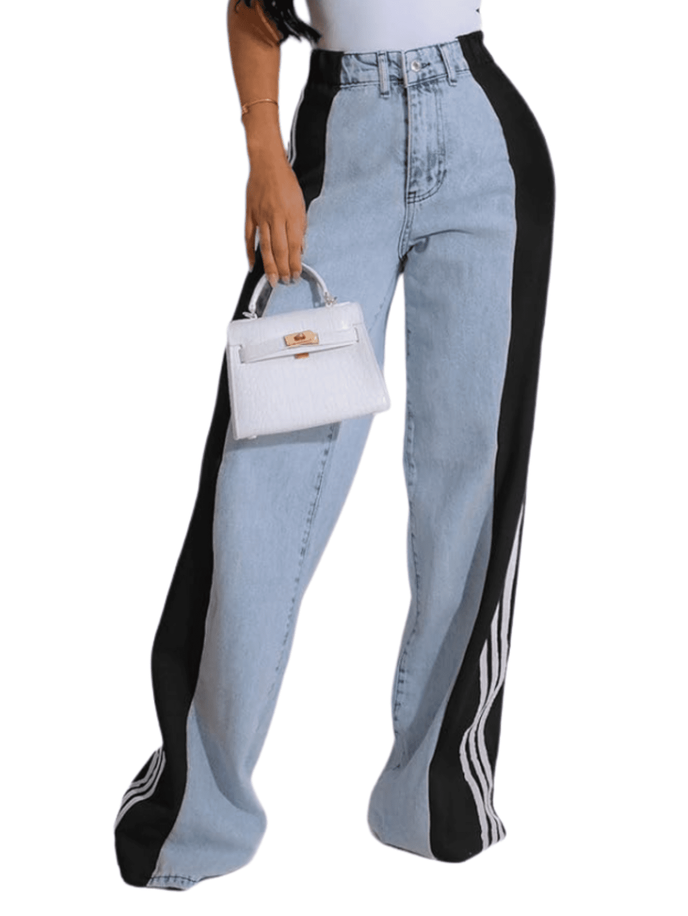 PPCHVOY Women's High Waisted Wide Leg Jeans Triple Stripe Design Pants ...