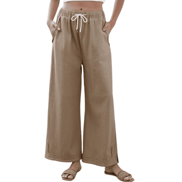 PPCHVOY Women’s Linen Pants Vintage Wide Leg Office Trousers Casual Drawstring Waist Work Pants for Women S-2XL