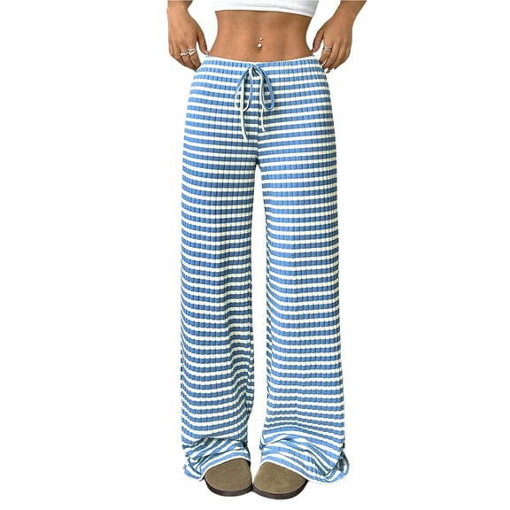 PPCHVOY Women's Striped Drawstring Pants  Cotton Blend Straight Leg Trousers with Elastic Waist Casual Comfort Pants S-2XL