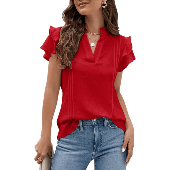 PPCHVOY Women's T Shirts V Neck Flutter Sleeve Tops Breathable Comfort Casual Summer Tops for Women Loose Fit Blouse S-2XL