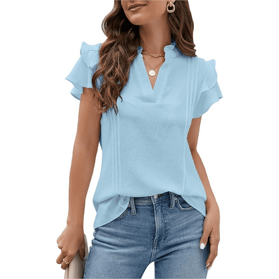 PPCHVOY Women's T Shirts V Neck Flutter Sleeve Tops Breathable Comfort Casual Summer Tops for Women Loose Fit Blouse S-2XL