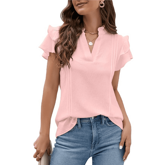 PPCHVOY Women's T Shirts V Neck Flutter Sleeve Tops Breathable Comfort Casual Summer Tops for Women Loose Fit Blouse S-2XL
