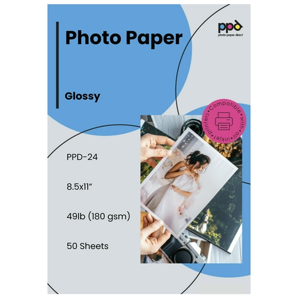 PPD Glossy Photo Paper for Inkjet Printer, 8.5 x 11" Heavyweight Quality Printable Sheets for Custom Picture, Professional Photographic Instant Dry For Normal, Dye or Pigment Ink (50 Pack/180 gsm)