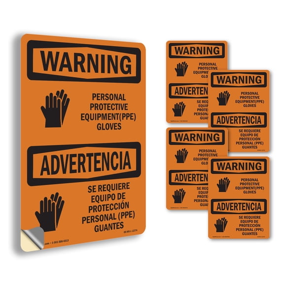 PPE Gloves Bilingual OSHA WARNING Vinyl Decal Label 7 Inch x 5 Inch - 5 Pack