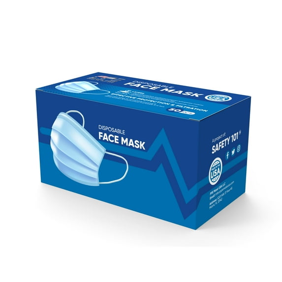 PPE Mask USA 3-Ply Face Masks 50-Pack (Made in the USA) - Blue (10-Pack)