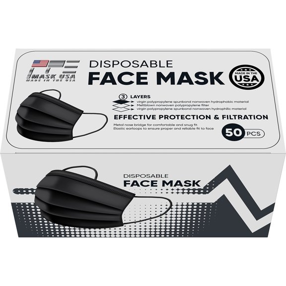 PPE Mask USA Disposable Surgical Cloth Face Mask One Size Black 50/Box 30 Boxes/Pack (TBN203204)