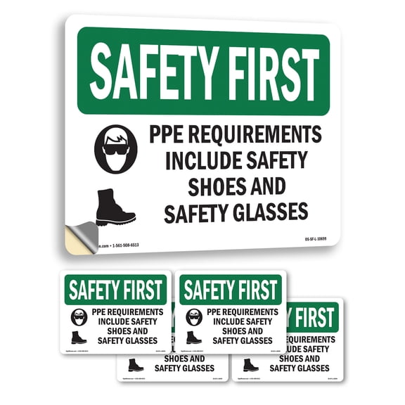 PPE Requirements Include Safety With Symbol OSHA SAFETY FIRST Vinyl Decal Label 5 Inch x 3.5 Inch - 5 Pack