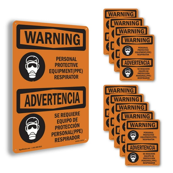 PPE Respirator Bilingual OSHA WARNING Rigid Plastic Sign 10 Inch x 7 Inch - 10 Pack