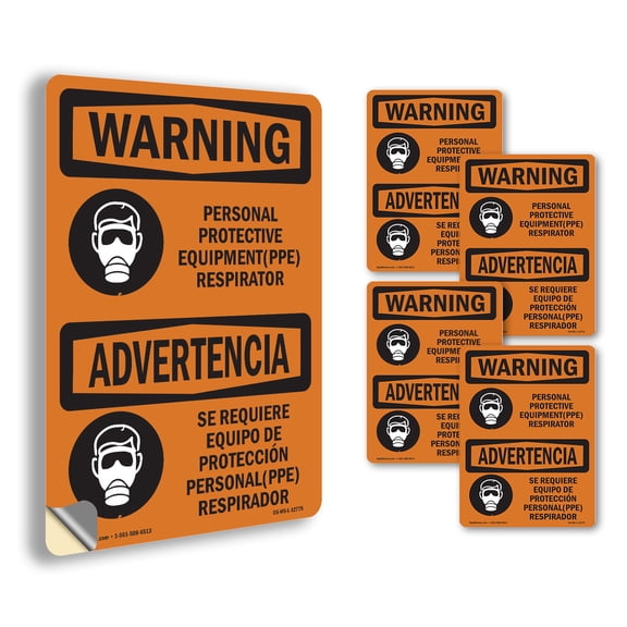 PPE Respirator Bilingual OSHA WARNING Vinyl Decal Label 5 Inch x 3.5 Inch - 5 Pack