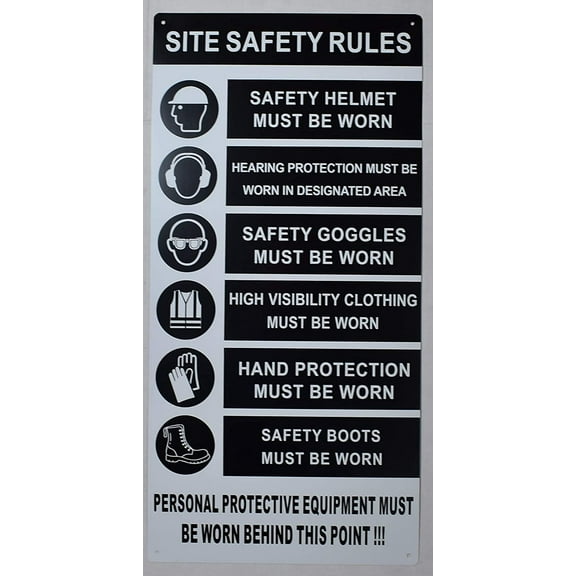 PPE Sign - Site Safety Rules Sign (White/Black,Aluminium 23.5x11.5) (ref-2201)