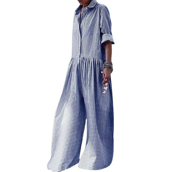 PPKOOD Women's Casual Plaid Jumpsuit Loose Wide Leg Long Sleeve Jumpsuit Button-up Jumpsuit Pants