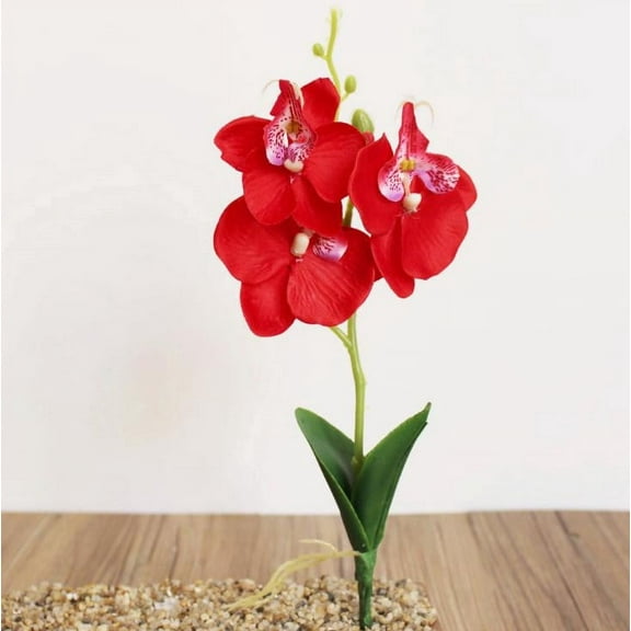 PPKVUFD 1 Bunches Tropical Artificial Flower 10" Mini Butterfly Orchid with 3 Silk Flower Heads and Phalaenopsis Orchids Leaves Faux Leaf for Wedding Home Decor Flowers Garden Bonsai (Red)