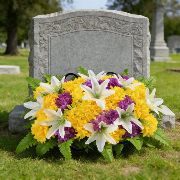 PPKVUFD 1 Pcs Artificial Saddle Flowers for Cemetery Headstone, Cemetery Memorial Mums Lilies Flowers Arrangement Saddle for Headstone Grave Tombstone 4th of July Decor