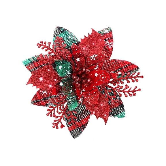 PPKVUFD 1 Pcs Glitter Poinsettia 5.71" Artificial Flowers Christmas with Clips Stems Xmas Tree Ornaments for New Year Party Stairs Fireplace Porch Balcony Garden Church Wreath Decoration