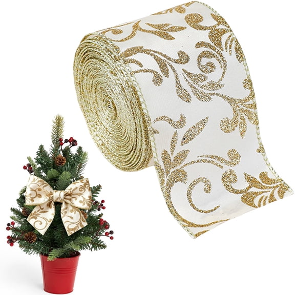 PPKVUFD 1 Roll Gold Christmas Tree Ribbon - Glitter Wired Ribbons for Tree, Crafts, Gift Wrapping, Wreaths, Garland, Home Decor - 2.5 Inch x 6.6FT