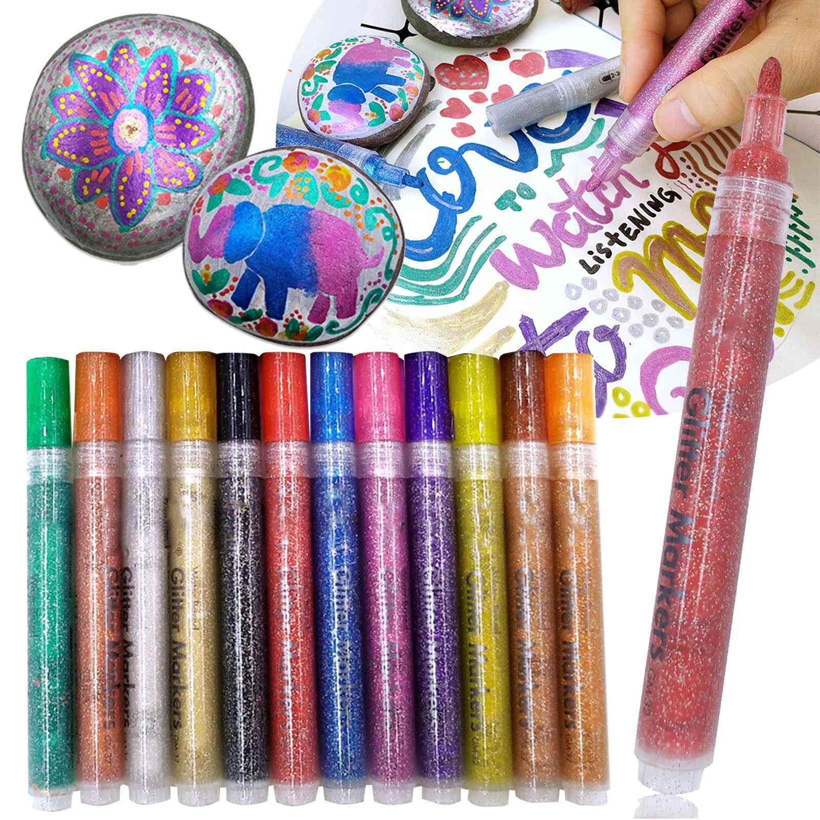 PPKVUFD 12 Glitter Paint Pens for Glass Marking, Rock Painting, Ceramic, Wood, Fabric, Scrapbooking, DIY Craft Making, Coloring - Acrylic Paint Markers Medium Tip 3mm