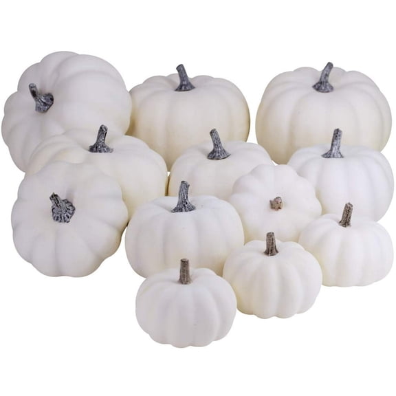 PPKVUFD 12 Pcs Assorted Artificial White Pumpkins Harvest Decorative Foam Pumpkins for Farmhouse Rustic Fall Thanksgiving Halloween Tabletop Centerpiece Mantel Shelf Kitchen Decoration(Style5-White)