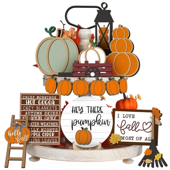 PPKVUFD 12 Pcs Fall Tiered Tray Decor, Pumpkin Fall Decorative Signs, Autumn Thanksgiving Wooden Decorations for Home Kitchen, Farmhouse Table Decor