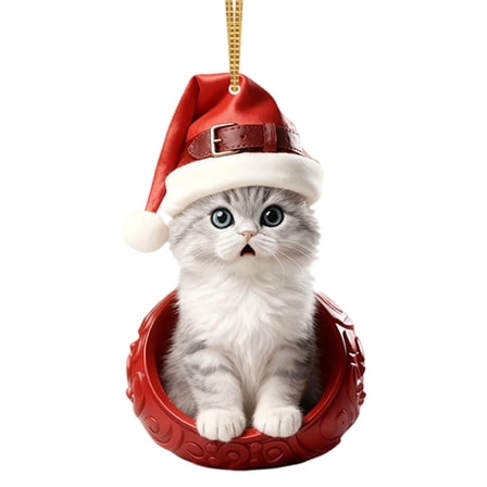 PPKVUFD 1PCS Christmas Cat Ornaments with Santa Hat, 2D Flat Acrylic Christmas Tree Hanging Decorations for Holiday Home Decoration, Unique Gift for Cat Lovers