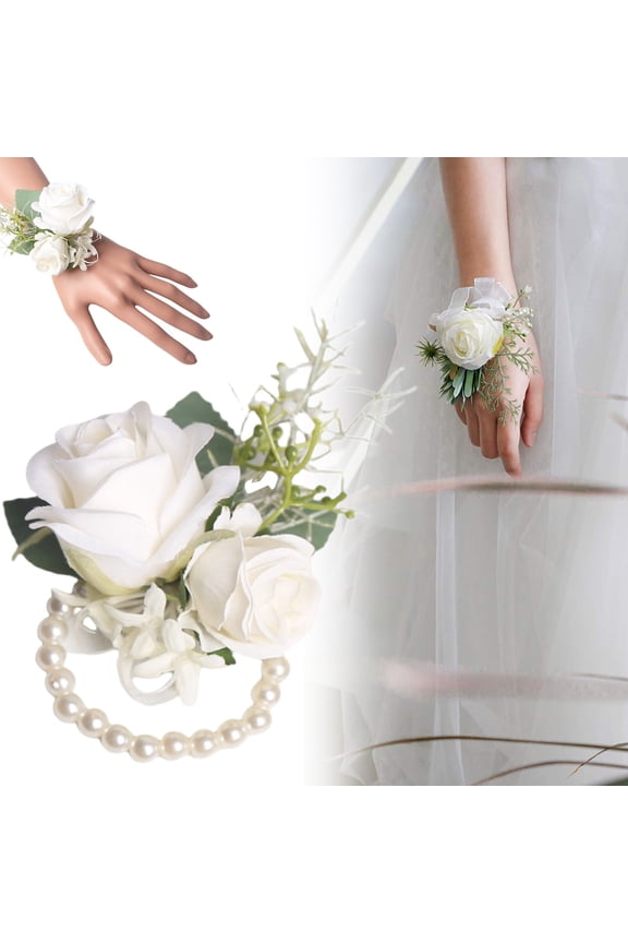 1Pcs Ivory Rose Wrist Corsage Wristlet Band Bracelet for Women Bride Bridesmaid White Wedding Prom