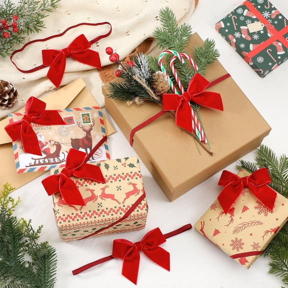 PPKVUFD 20 Pcs Velvet Christmas Bows for Gift Wrapping, Stretch Elastic Loops with Pre Tied Bows for Flat Gift Boxes Wrapping Xmas Weddings Party Favors