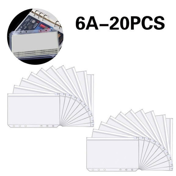 PPKVUFD 20PCS A6 Binder Pockets 6 Holes Budget Cash Envelopes for Budgeting, Clear Zipper Folders Planner Inserts Loose Leaf Bags Binder, Waterproof PVC Document Pouch Filing