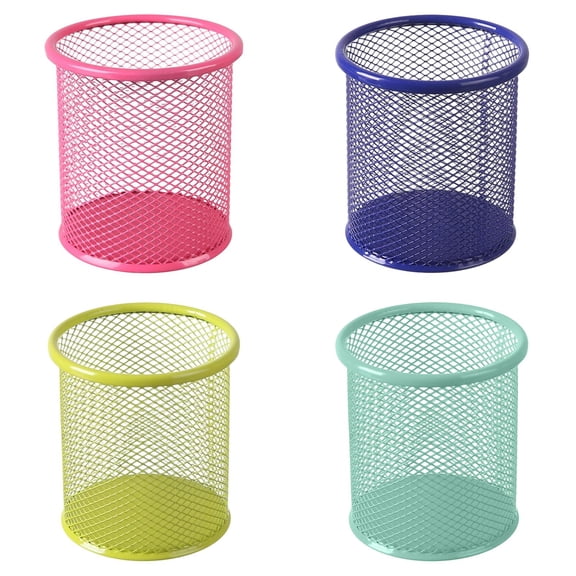 PPKVUFD 4 Pack Metal Pen Holder, Wire Mesh Pen Holder, Colorful Mini Pencil Cup Desktop Round Mesh Pencil Bucket Makeup Brush Organizer for Classroom Office Stationery Supplies