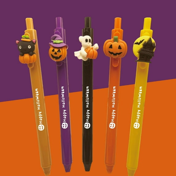 PPKVUFD 5pcs Halloween Gel Ink Pens, Cute Cartoon Halloween Black Ink Pens Pumpkin Ghost Bat Bulk Novelty Assorted Stationery for Home Office Supplies Party Favors