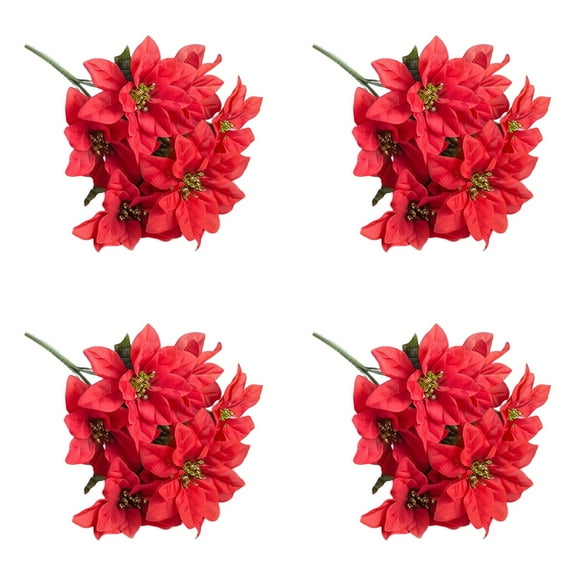 PPKVUFD 6 Heads 4 Pack Artificial Poinsettia Bushes Silk Fabric Poinsettia Bushes Plants for Indoor Outdoor Christmas Flowers Bouquet Xmas Tree Ornament Home Porch (Red)
