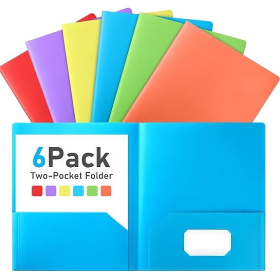 PPKVUFD 6 Pack Folders with Pockets, 2 Pocket Folders with Business Card Slot, Plastic Folder with Pockets, Heavy Duty File Folder Bulk, S-chool Business Office Filing Supplies, Random Color