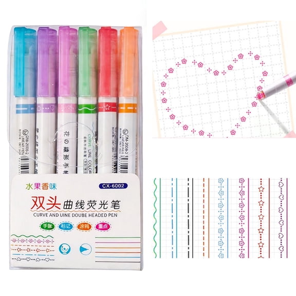 PPKVUFD 6PCS Curve Highlighter Pen for Note Taking, Dual Tip Pens with Different Curve Shapes & Fine Lines, Colored Curve Pens Set for Journaling Office Supplies