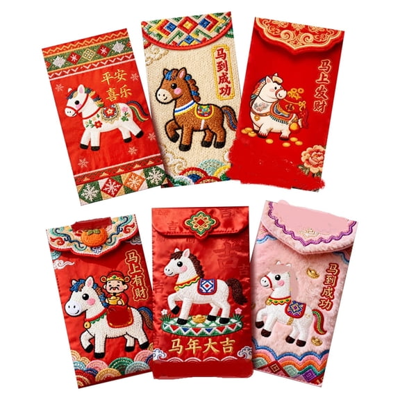 PPKVUFD 6Pcs 2026 Year of the Horse Chinese New Year Red Envelopes, Exquisite Imitation Flat Embroidery Hong Bao for Spring Festival, Wedding & Birthday Party, 6.61x3.54 Inches