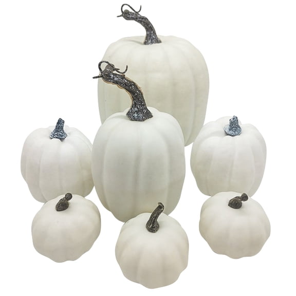 PPKVUFD 7 Pcs Assorted Sizes Fall Artificial Pumpkins Harvest Pumpkins Faux Foam Pumpkins for Fall Autumn Season Halloween Thanksgiving Harvest Holiday Season Festive Tabletop Decoration (White)