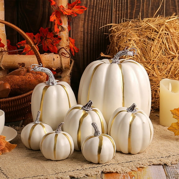 PPKVUFD 7 Pcs Assorted Sizes Harvest White Artificial Pumpkins for Fall Halloween Thanksgiving Decorating Embellishing and Displaying
