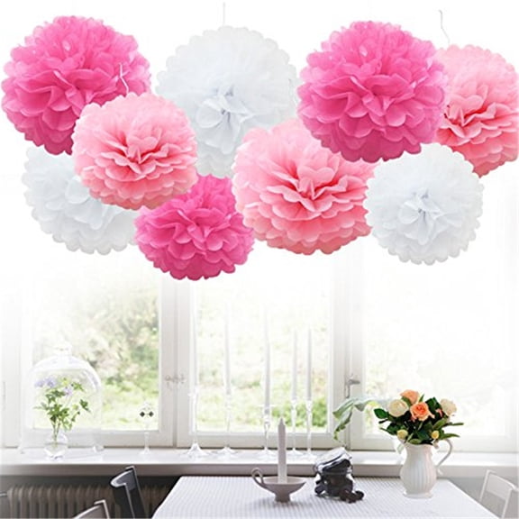 PPKVUFD 9Pcs Tissue Pom Poms Paper Flowers Hanging Decorations Pink Flower Ball for Mother's Day Baby Shower Wedding Nursery Birthday Party Backdrop Home Outdoor