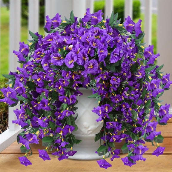 PPKVUFD Artificial Fake Hanging Flowers Plants for Outdoor Outside Spring Summer Decoration 1PCS Faux Silk UV Resistant Realistic Morning Glory Trailing Vines for Home Porch Patio Balcony(Purple)
