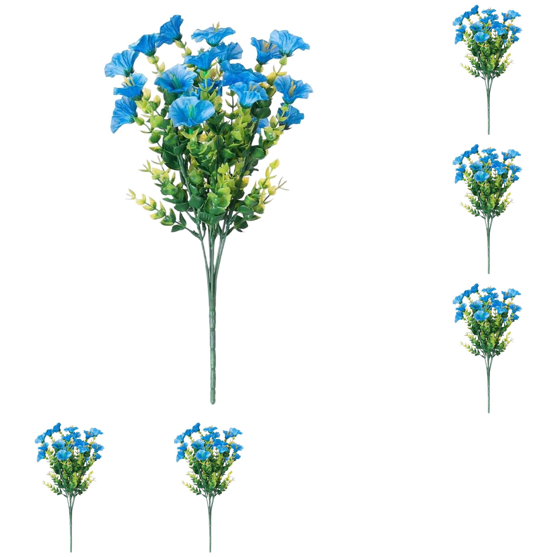 PPKVUFD Artificial Flowers for Outdoors Fake Plants Outside Decoration, 6 Bundles Silk Colorful Morning Glory with Eucalyptus UV Resistant Realistic Faux Flowers for Planter Porch Patio Yard Garden