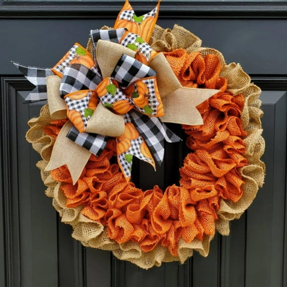 PPKVUFD Farmhouse Pumpkin Wreath for Front Door, Autumn Burlap Wreath with Bows, Burlap Pumpkin Garland for Autumn Fall Halloween Thanksgiving Wall Decor