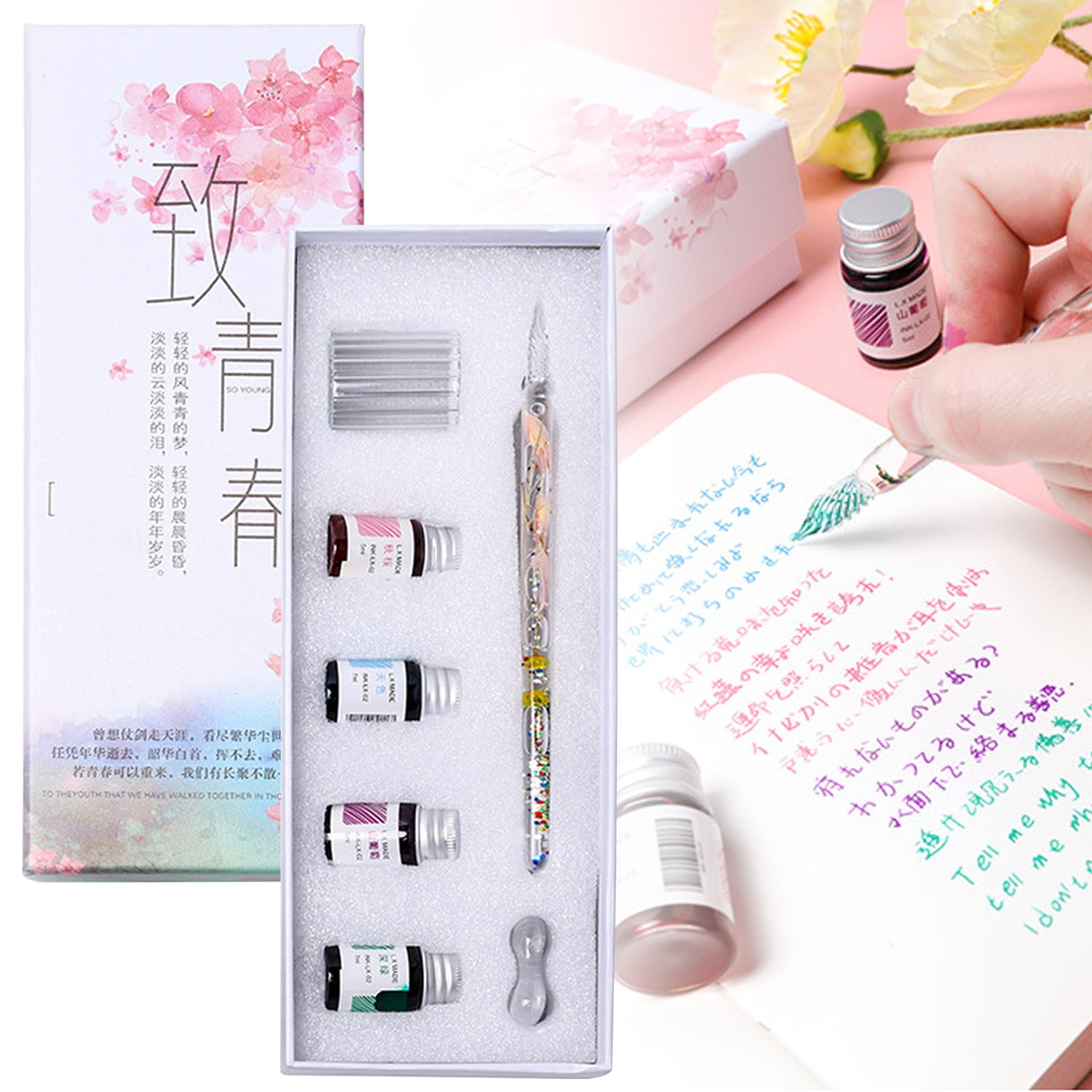 PPKVUFD Glass Dip Pen Calligraphy Fountain Pen Set - 4 Colors Ink Glass Washing Cup Pen Holder Handmade Rainbow Crystal Glass Ink Pen for Art Writing Drawing Signatures Christmas Gifts