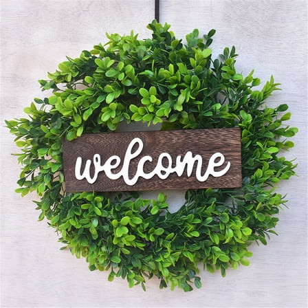 PPKVUFD Green Wreath with Welcome Sign 18inch Artificial Spring Summer Green Wreath for Front Door Wall Window Festival Farmhouse Porch Patio Garden Decor