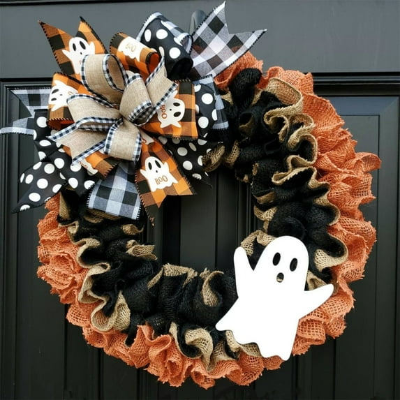 PPKVUFD Halloween Boo Ghost Wreath, Burlap Wreath with Bows for Front Door, Farmhouse Favors Trick of Treat Props, Halloween Party Supplies Window Wall Decor