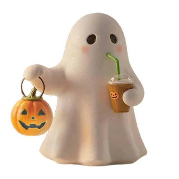 PPKVUFD Halloween Pumpkin Ghost Coffee Night Light, 4" Cute 3D LED Spooky Resin Ghost Statue Lamp Decorations, Funny Holiday Mini Gothic Light Up Desktop Ornaments for Christmas Home Indoor Decor