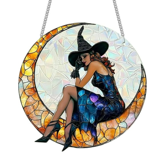 PPKVUFD Halloween Witch Themed Ornaments, Acrylic Stained Glass Window Hanging Sun Catcher Decor, Charming Witch with Hat Gothic Halloween Wall Pendant Decor for Home Holiday Party